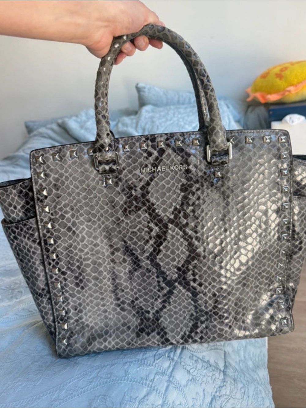 Michael Kors Gray Snakeskin Studded Tote